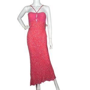 NWT Scala Size M Silk Beaded Gown Maxi Dress Formal Halter Coral Train Fairy